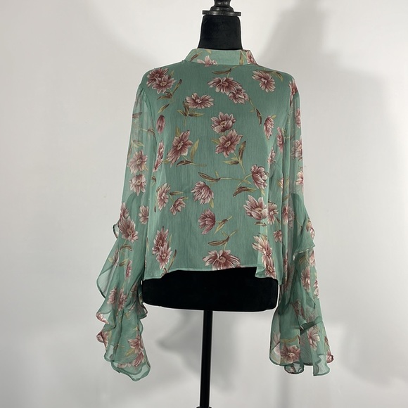 Floral Teal & Pink Sheer top,mock neck, long ruffle sleeve, flowy, XS - Picture 12 of 12